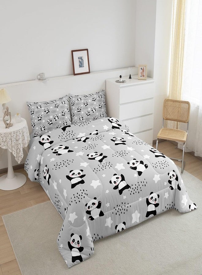 Homewish Cute Panda Full Size Comforter Set,Kawaii Animals Bedding Set for Adults Teens,Children Black White Gray Comforter Luxury Cartoon Panda Quilt Set Room Decor 3Pcs - Image 3